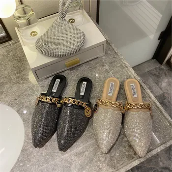 

2020 Summer Mules Women Slides Crystal Luxury Slip On Pointed Toe Slipper Metal Decoration Outside Dress Fashion Slippers