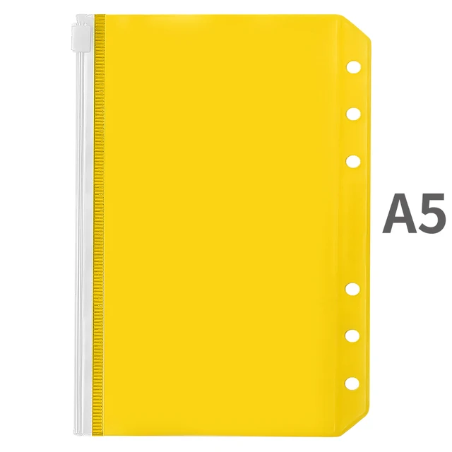 A5/A6 Binder Pockets PVC Binder Loose Leaf Bag Colorful Zipper Folders For 6-Ring Notebook Binder Pouch Document Filing Bags A5-Yellow