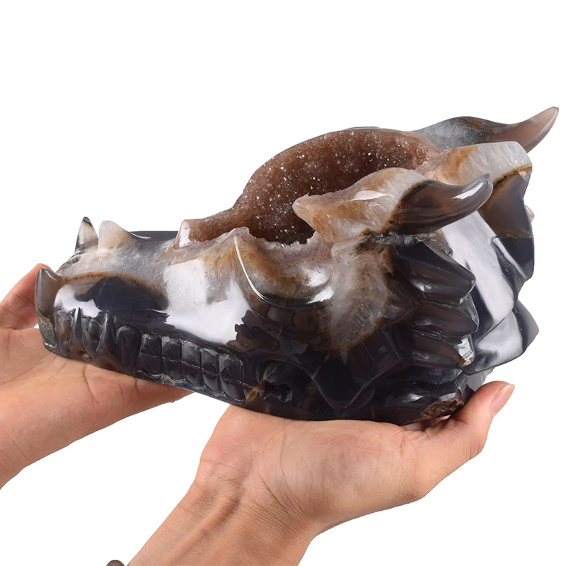 

10 Inch 3.25 kg Natural Crystal Agates Dragon Skulls Super Big Statue Hand Carved Skull Figurine Healing Stone Feng Shui Decor