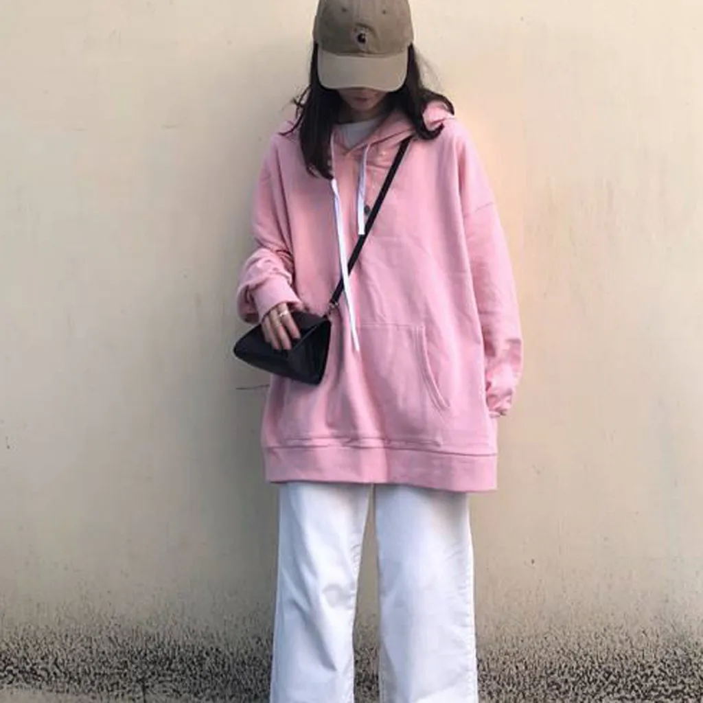 

feitong Women sweatshirt hoodies Pocket long harajuku pink Pure Color Hooded Jumper Tops Casual Long Sleeve Blouse Tracksuit new