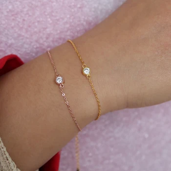 

simple jewelry single stone design 4mm bezel cz cubic zirconia delicate dainty chain girl women bracelet 925 silver