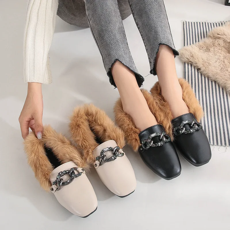 

Crystal Chain Furry Loafers Women Pu Square Toe Winter Moccasins Turn-over Slip on Flats Trendy Rabbit Hair Ballet Shoes Woman