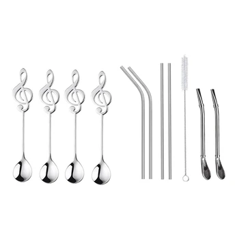 

6pcs Stainless Steel Straw Reusable with Straw Cleaning Brush & 4pcs Stainless Steel Coffee Spoon