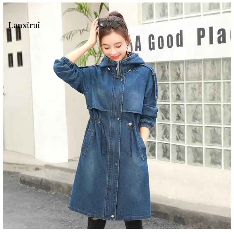 Hooded Jacket Jean Woman Large Size Cloak Denim Windbreaker Spring Autumn New BF Denim Jacket Female Long Loose Coat f324