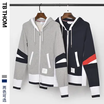 

men's TB THOM fashion contrast color hooded sport 100% cotton patchwork hoodies sweatshirts style zipper jacket men