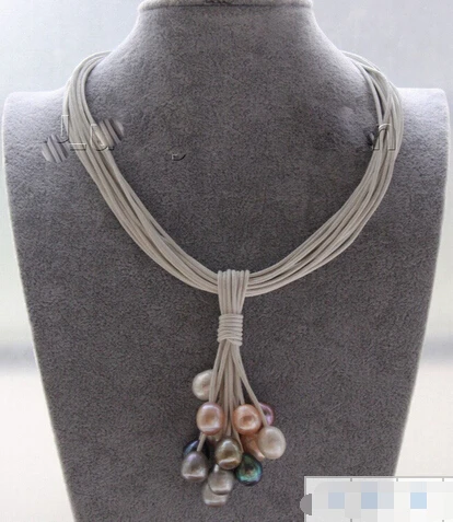 +++809 Choker 16&quot 15row 14mm black pink gray pearls white leather necklace | Украшения и аксессуары
