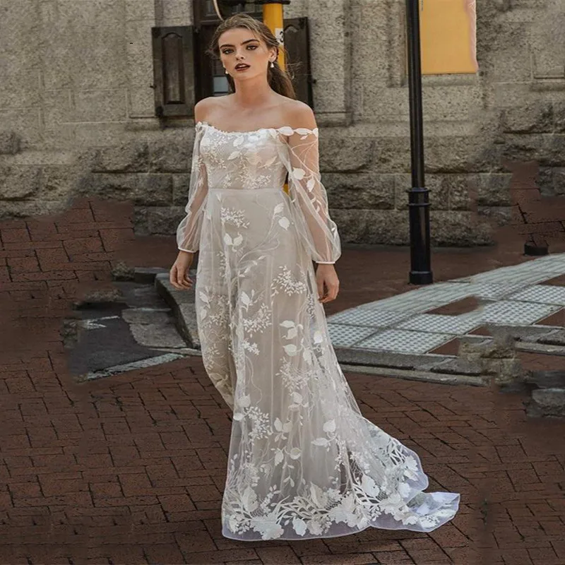 

Elegant Long Puff Sleeves Wedding Dresses 2024 Lace A Line 3D Appliqued Ivory Bridal Gowns Boat Neck Robe De Mariee Custom Made