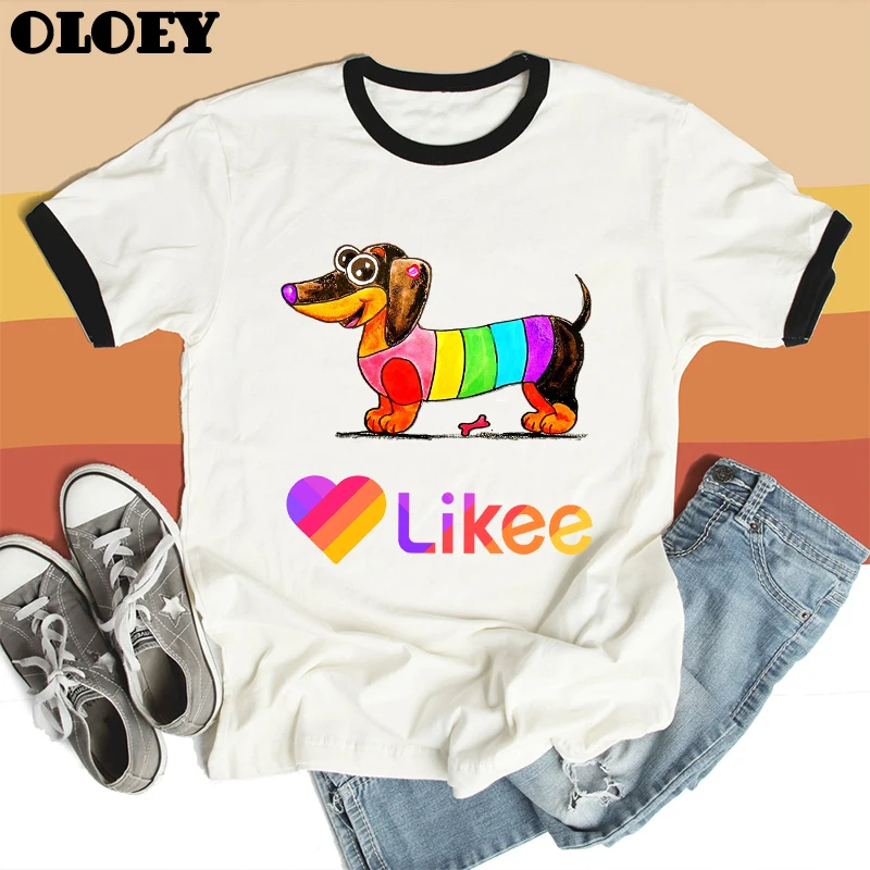 Cute Dachshund Pug Aesthetic Likee App Graphic t shirt Women Tops LGBT T-shirts Female Heart Dog Animal Printed Tee | Женская одежда