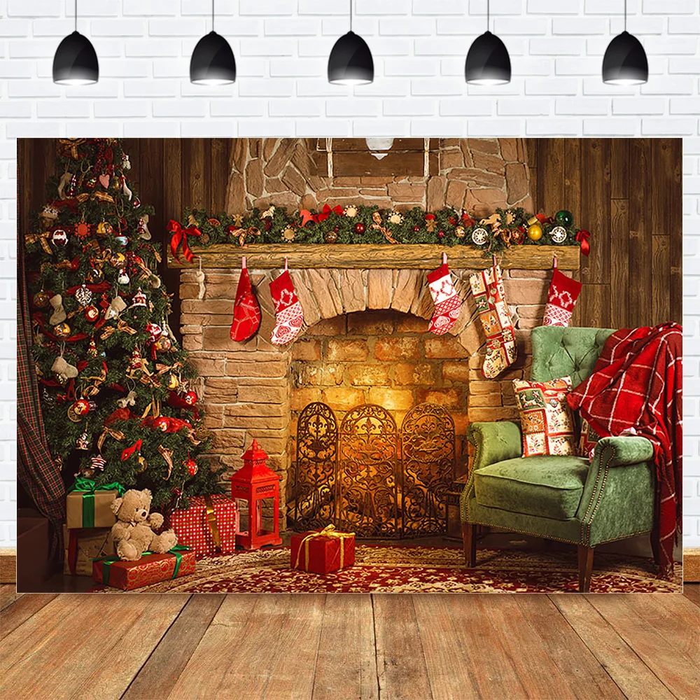 Merry Christmas Party Backdrop for Photography Photocall Winter Brick Fireplace Tree Background Toys Red Socks Sofa | Электроника