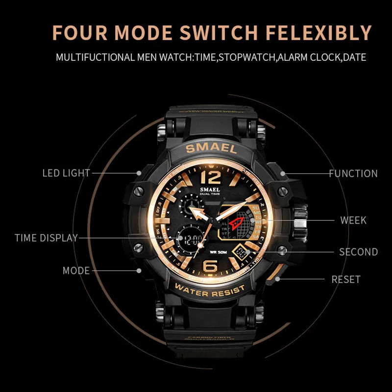 Цвет: желтый SMAEL Mannen Horloges Witte спортивный СВЕТОДИОДНЫЙ Цифровой 50 м водонепроницаемый повседневный S Shock Mannelijke Klok 1509 relogios masculino horlo Man - Цвет: Цвет: желтый
