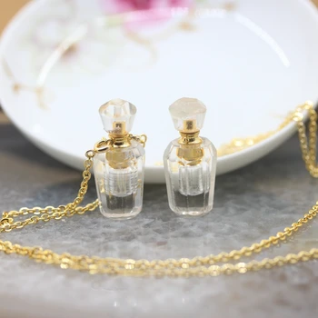 

Clear Crystal Quartz Perfume Bottle Necklace Pendants,Plated Golden Natural Gems Stone Essential Oil Diffuser Charms Jewelry