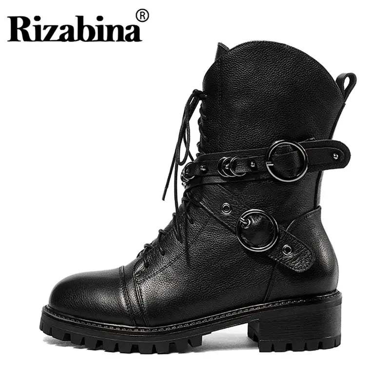 

RIZABINA Cross Strap Women Mid Calf Boots Genuine Leather Round Toe Buckle Punk Boots Solid Color Women Footwear Size 35-39