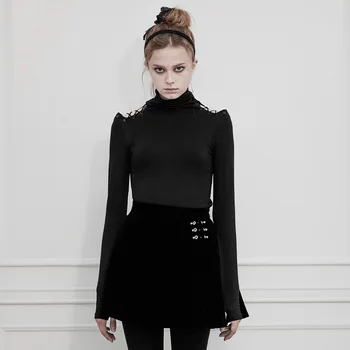 

PUNK RAVE Women Strapless Turtleneck Bottom Shirt Knit Hollow Out Off Shoulder Slim Fit Sexy T Shirt