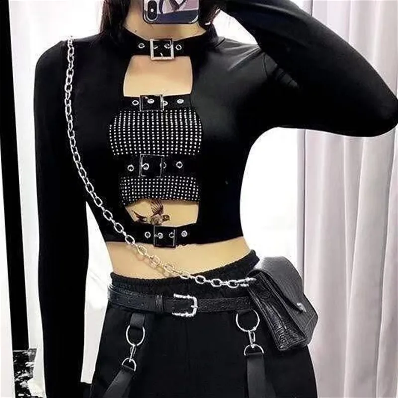Sexy Autumn Pullovers Ladies Solid Black Long Sleeve Hollow Out Bandage Club Street Crop Top Women Slim Fit Women's T-shirts 3XL