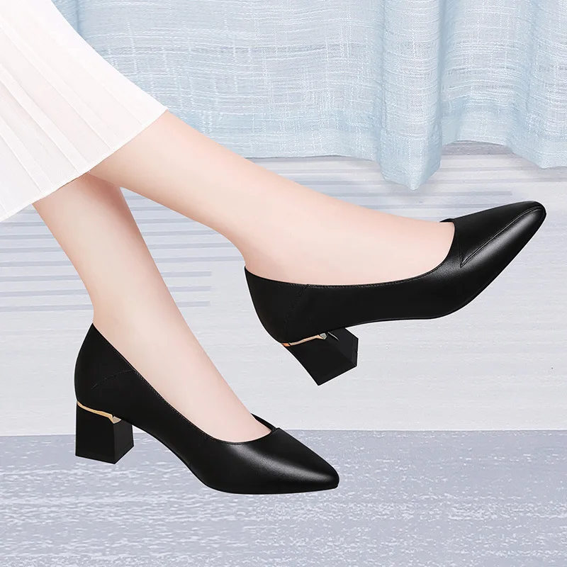 

High Heel Shoes Chunky-Heel 2019 Spring New Style Simple Versatile Work Leather Shoes Spring And Autumn Semi-high Heeled Shoes W