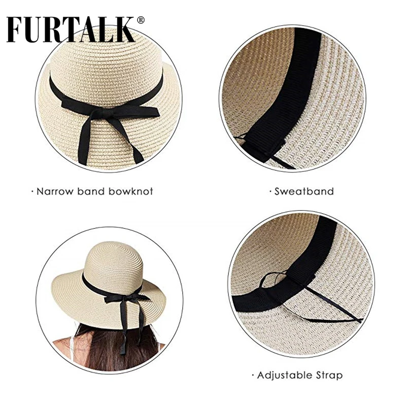 FURTALK летняя шляпа для женщин соломенная шляпа от солнца женские пляжные шляпы с широкими полями UPF УФ упаковываемая Кепка для путешествий chapeu feminino