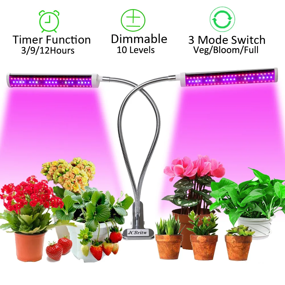 

JCBritw 75W Plant Light Dimmable LED Grow Light Auto ON & OFF Timer Dual Head Clip On Full Spectrum Growing Lamp Veg Bloom UV IR