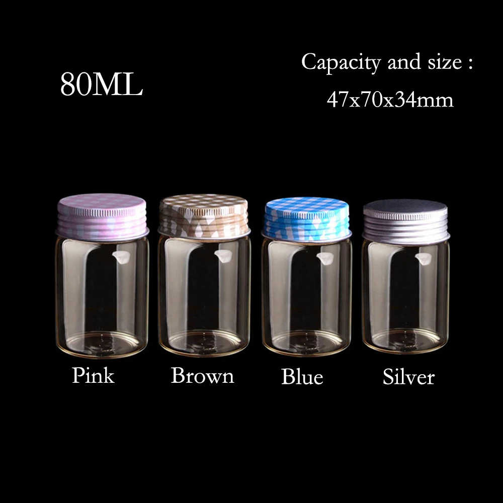

80ml Glass Bottle With Pink Blue Silver Brown Aluminum Screw Silicone Sealed Cap Empty Jars Jewelry Containers 12pcs Clear Vials
