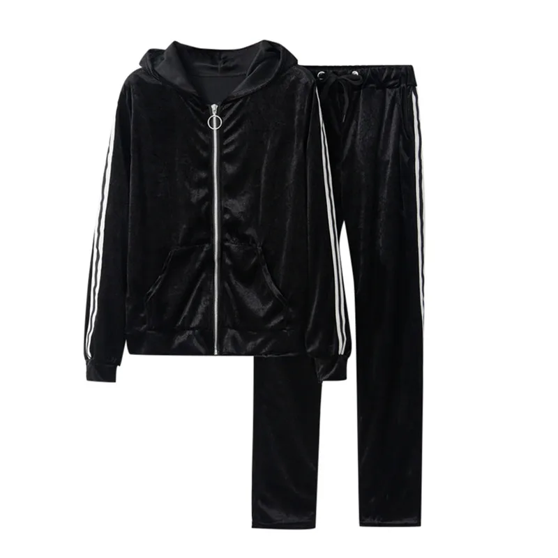 BK JAYCOSIN спортивный костюм для женщин с золотым бархатом с длинным рукавом на молнии Толстовка Топ боковые полосатые штаны комплект из 2 предметов повседневные спортивные костюмы - Цвет: BK