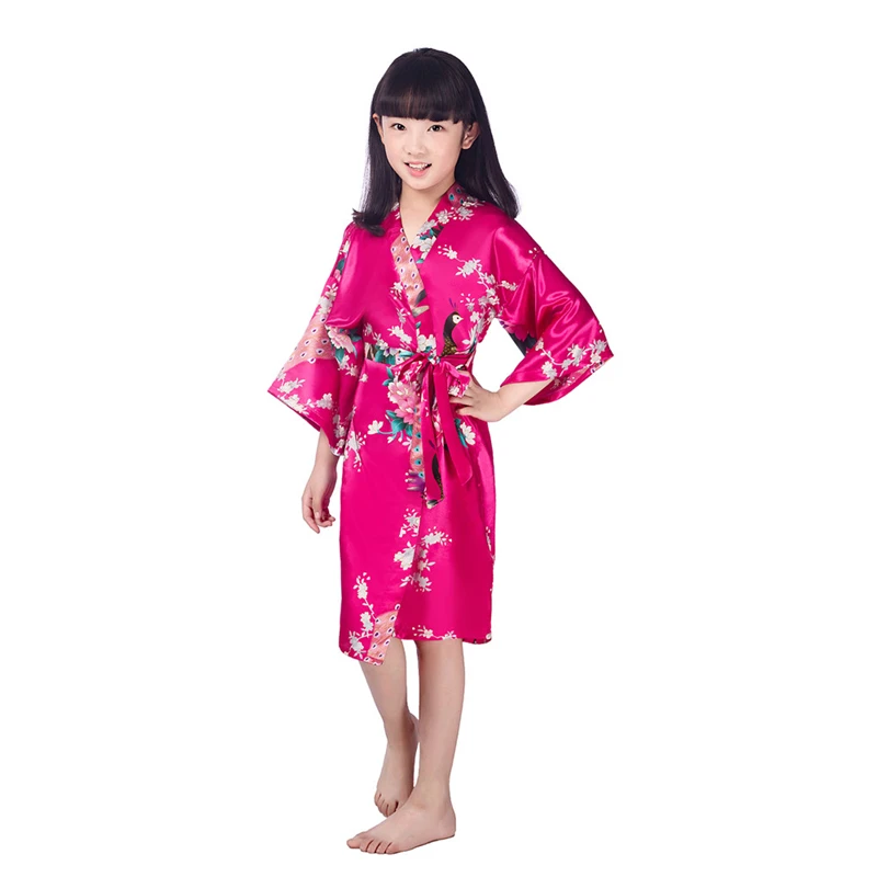 11 видов цветов традиционное японское кимоно юката для девочек, костюмы для детей, От 1 до 14 лет, летние тонкие домашние пижамы из полиэстера на рост 70-160 см - Цвет: Rose red