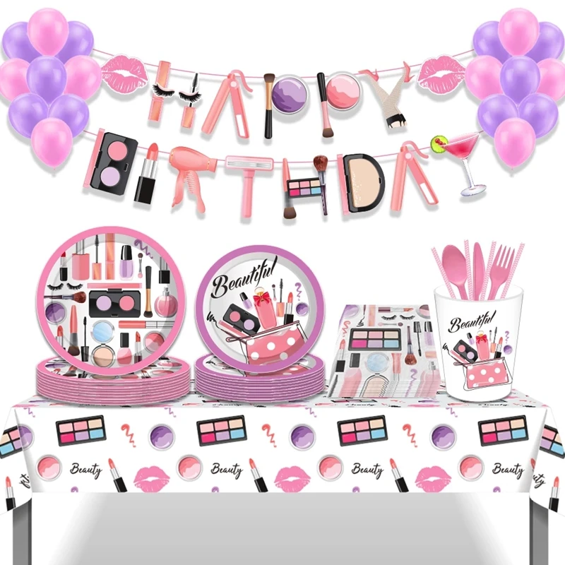Conjunto de vajilla desechable para maquillaje, suministros de fiesta de cumpleaños para niñas, platos, vasos, servilletas, globos, decoración de fiesta, Spa