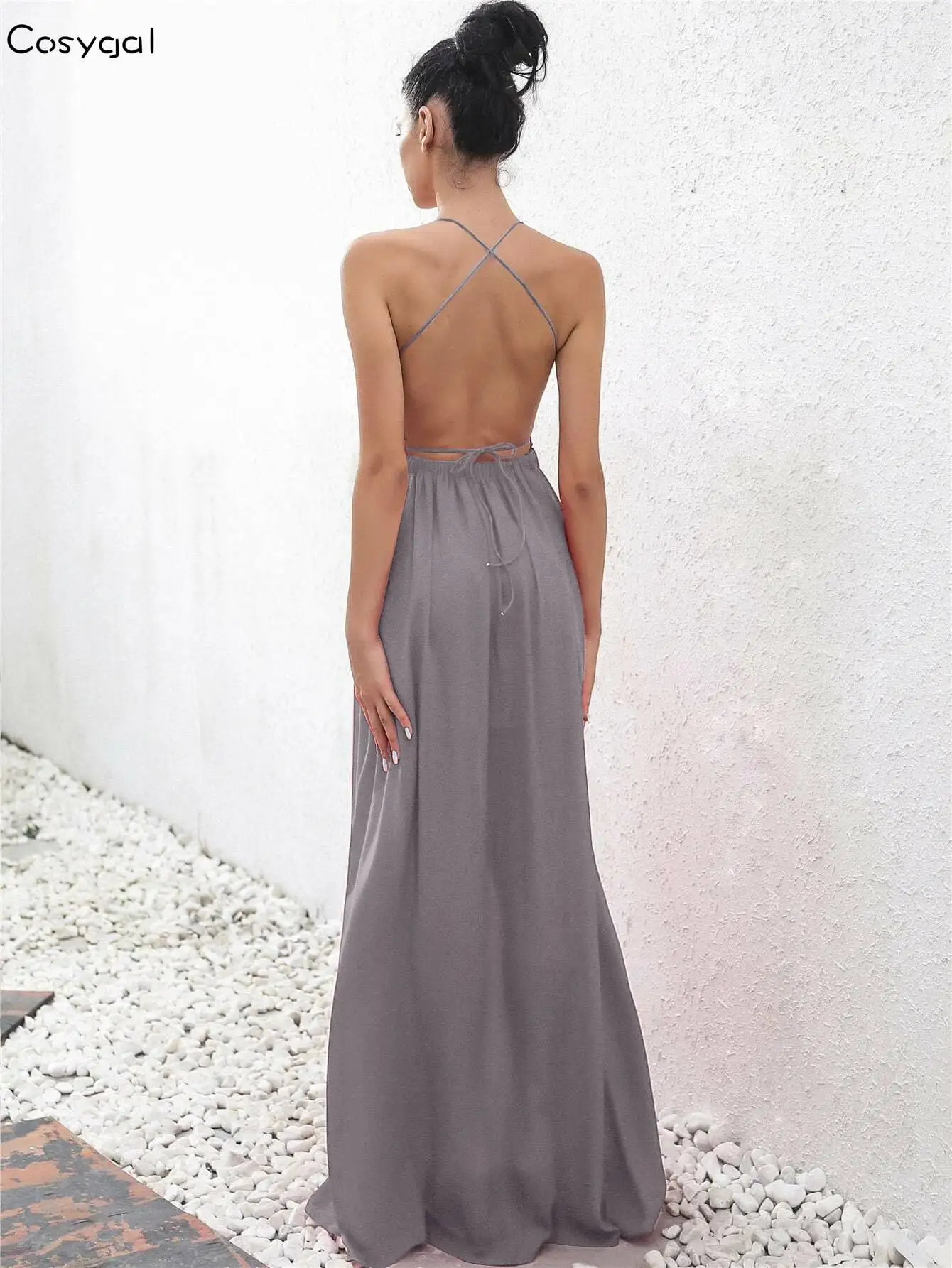 Joyfunear Crisscross Tied Backless Plunging Neck Split Thigh Dress