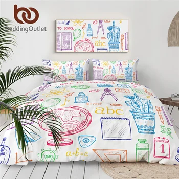 

BeddingOutlet School Collection Duvet Cover Educational Pencils Bedding Set Hand Drawn Globe Kids Bedspread Colorful Bed Cover
