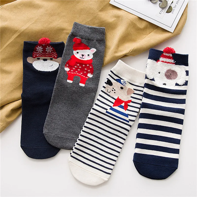 4 пары милых рождественских Красных Носков с изображением животных, лося и лисы, рождественский подарок, милые Kawaii, дышащие Хлопковые женские короткие носки - Цвет: 5