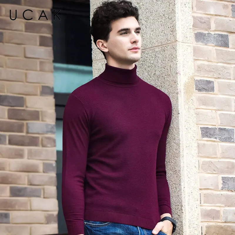 UCAK Brand 100% Merino Wool Sweater Men Autumn Winter Thick Warm Turtleneck Pullover Men Soft Knitwear Cashmere Pull Homme U3060