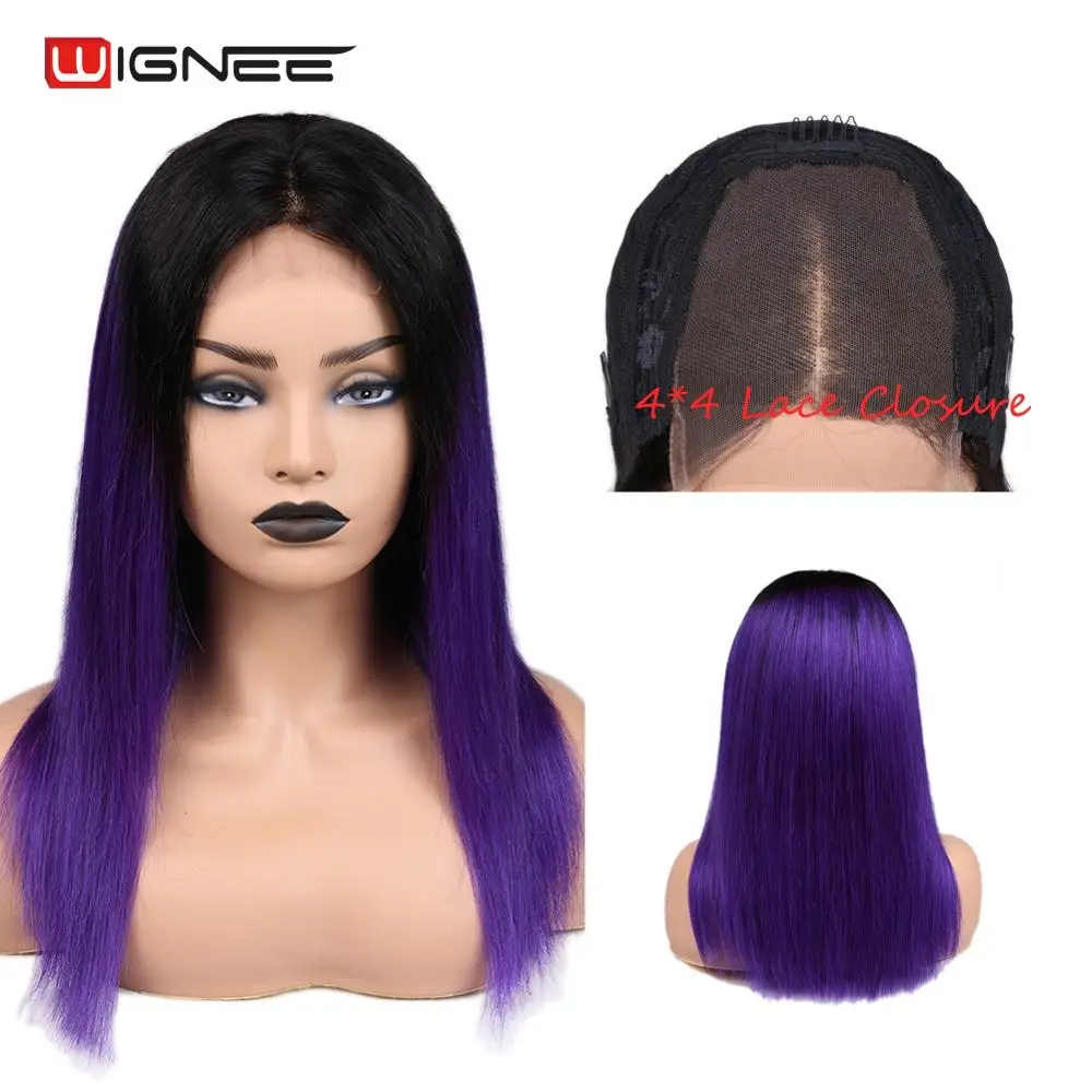 

Wignee 4*4 Lace Closure Straight Human Wig For Black/White Women Brazilian Hair Ombre Purple Glueless Middle Part Lace Human Wig