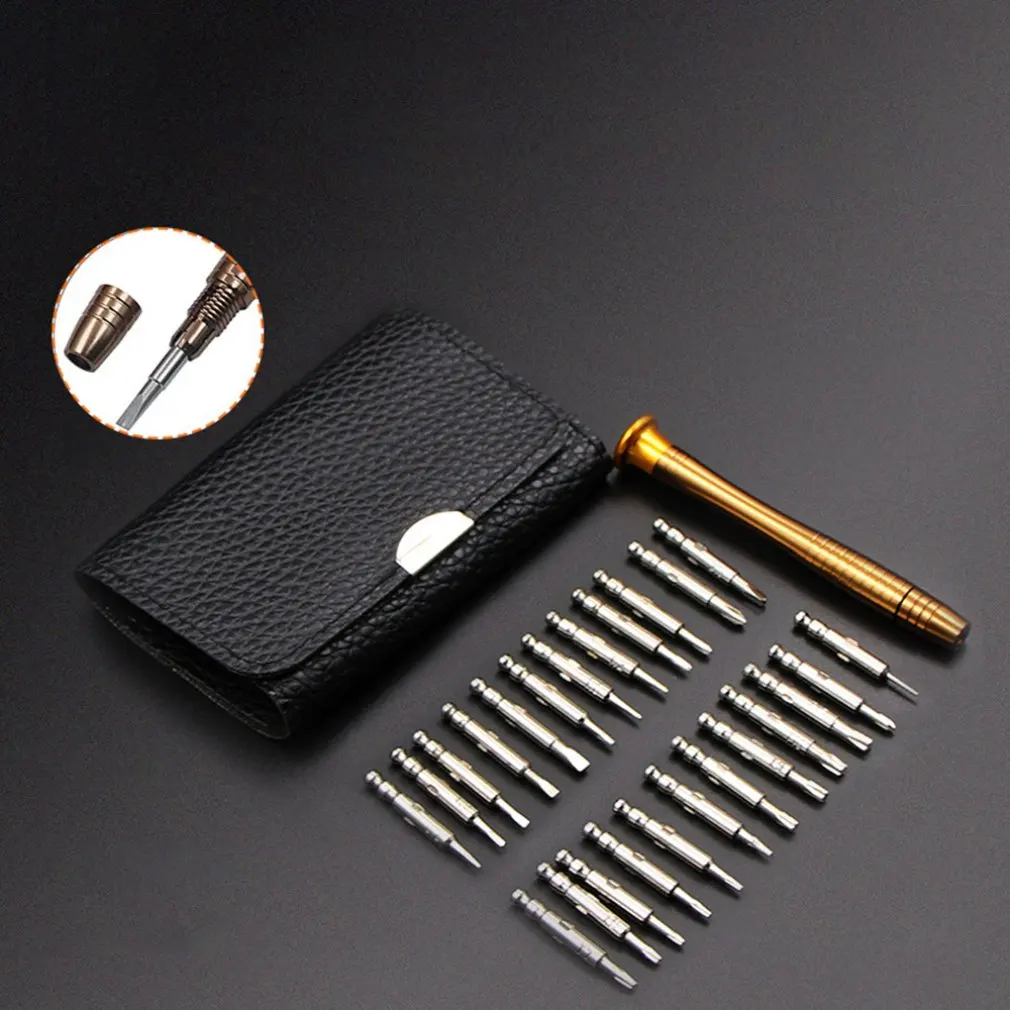 25Pcs Multi-Function Leather Case Manual Screwdriver Bit Combination Set Mobile Phone Notebook Disassemble Repair Tool