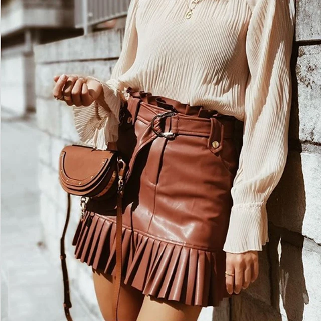 US $14.94 2020 Spring Pu Leather Skirts High Waist Pleated Hem Mini Skirts Belt Waist Ladies Faldas