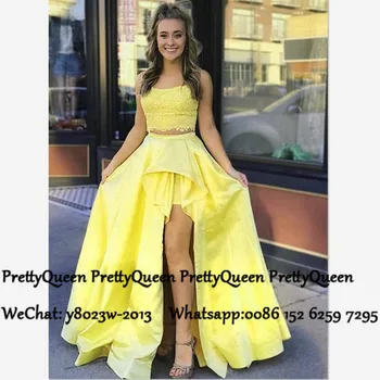 

2020 Two Piece High Low Prom Dresses Yellow Lace Top and Satin Skirt Long A Line Formal Evening Dress Party Vestido De Festa