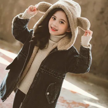 

Character Fur Hooded Denim Coats Toddler Big Girls Black Fleece Thicken Jean Jackets For Kids Winter 2020 Clothes Children Tops