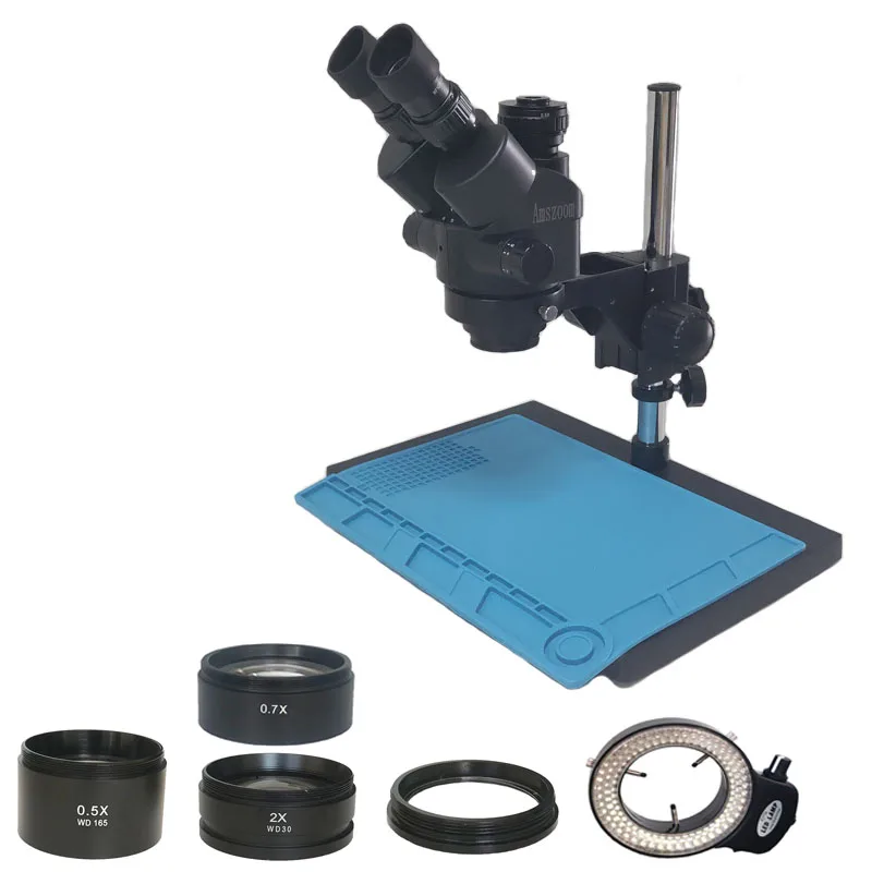 Black Plastic 7X-45X Simul Focal Soldering Trinocular Stereo Microscope With Objective Lens 0.5X 2X 0.7X PCB Jewelry Hand Tool |