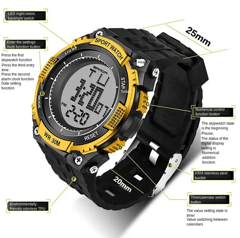 Sanda Waterproof Sports Watch Men's Outdoor Electronic Watch Sanda Luminous Multi-function Student Men's Watch Factory