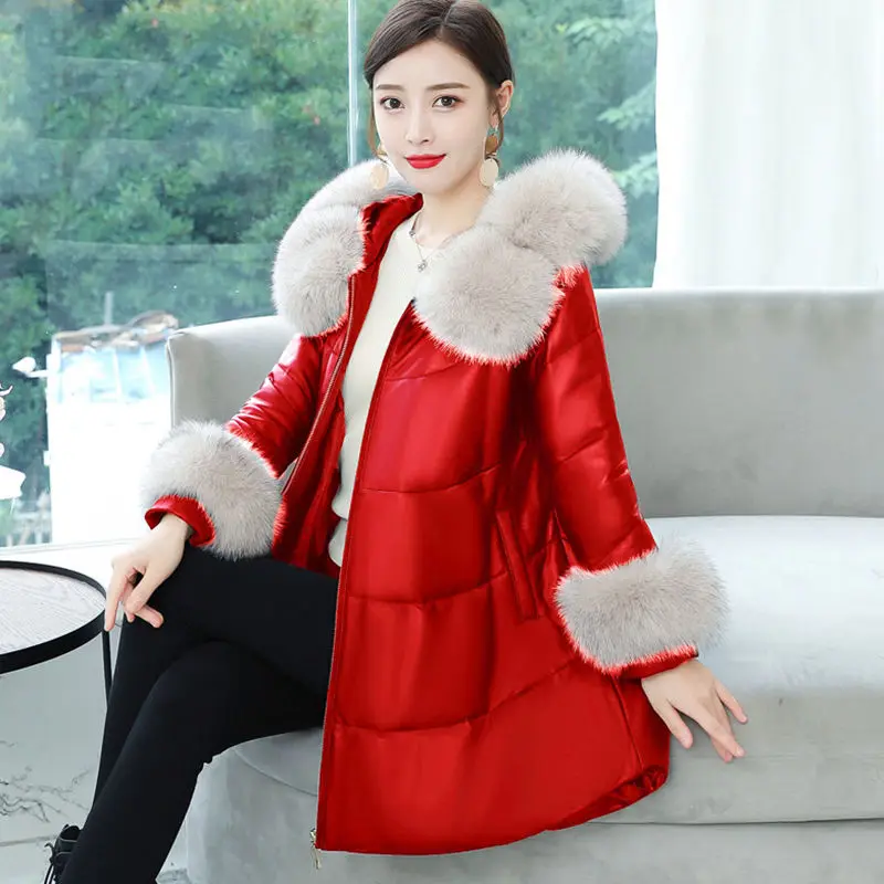 red jackets Зимние женские пальто, куртка из искусственной кожи, воротник из искусственного меха лисы, женские пуховики, теплые женские парки, верхняя одежда - Цвет: red jackets