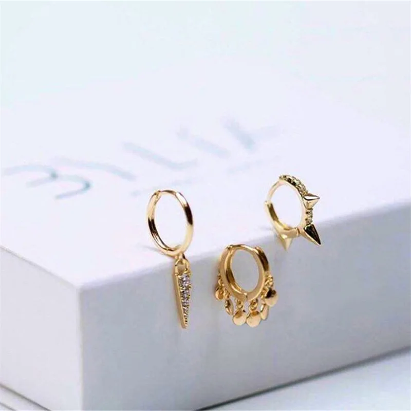 

S925 pure silver tassel triangle earrings new geometry character minimalist set auger Yangtze silver earrings ear clip