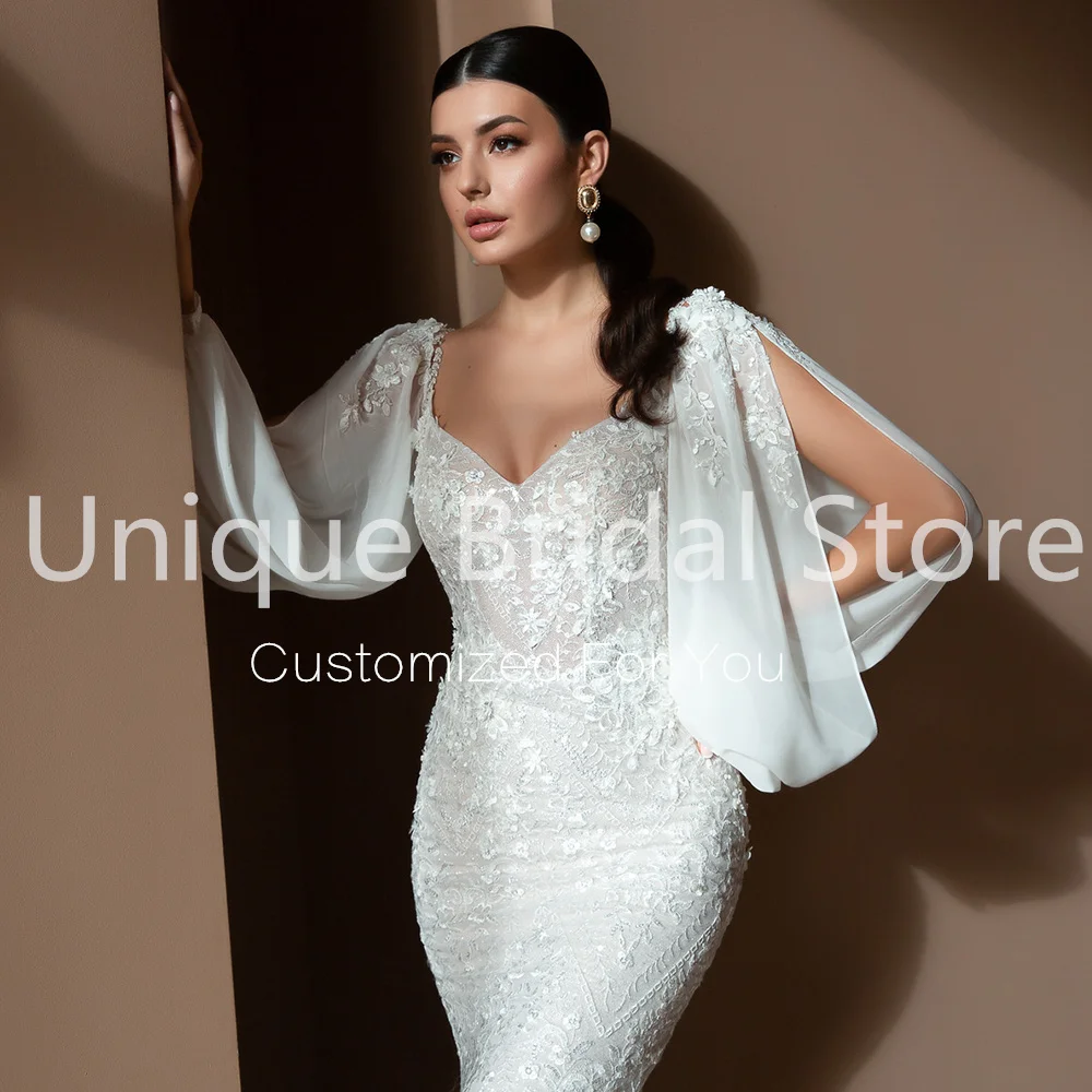Customized Sexy Lace White Mermaid Wedding Dresses Sweetheart Detachable Puffy Sleeves Sweep Train Elegant Wedding G 3