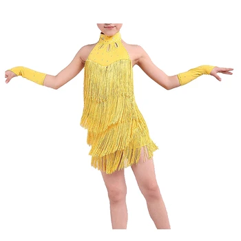 

Latin Dance Dress Girls 120cm Latin Fringe Dress Ballroom Dance Costume Dancing Clothing yellow