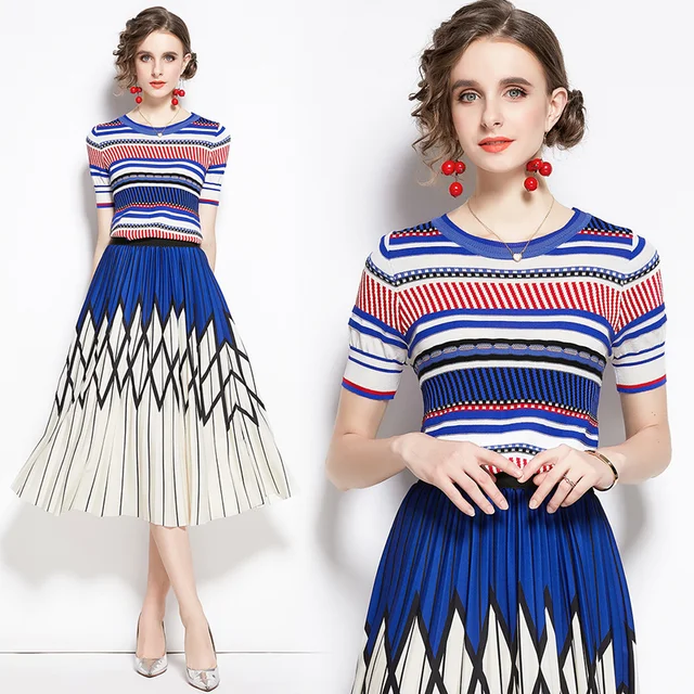 New Arrival Summer Stripe Knit Tops and Printed A-line Long Skirt Two piece Sets Women Runway Design Fashion Knit Set Suit Blue