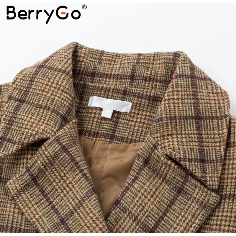 BerryGo Винтаж твидовый в клетку длинное пальто для женщин осень зима офисные женские пальто свободные пуговицы карманы женское теплое пальто из смешанной шерсти