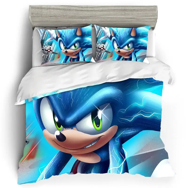 Single Queen King Size Linen Cotton Bedding Set Duvet Cover Bed Set Sonic the Hedgehog Pattern Pillow Bed Cover Set Home Textile