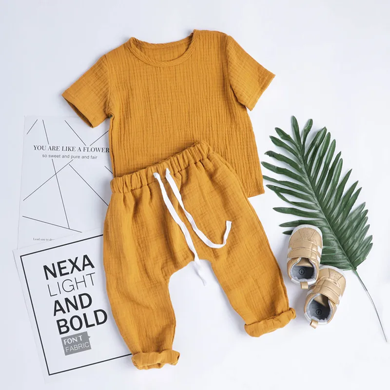 warm Baby Clothing Set Cotton Linen Casual Toddler Baby Girls Boys Clothes Set Solid Tops T-Shirts+Pants 2pcs Kids Children Outfits Summer Home Clothes baby dress set for girl Baby Clothing Set