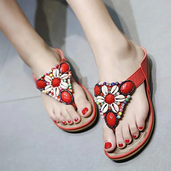Женская обувь в богемном стиле; Летние повседневные сандалии в винтажном этническом стиле с открытым носком и бусинами; ENA88