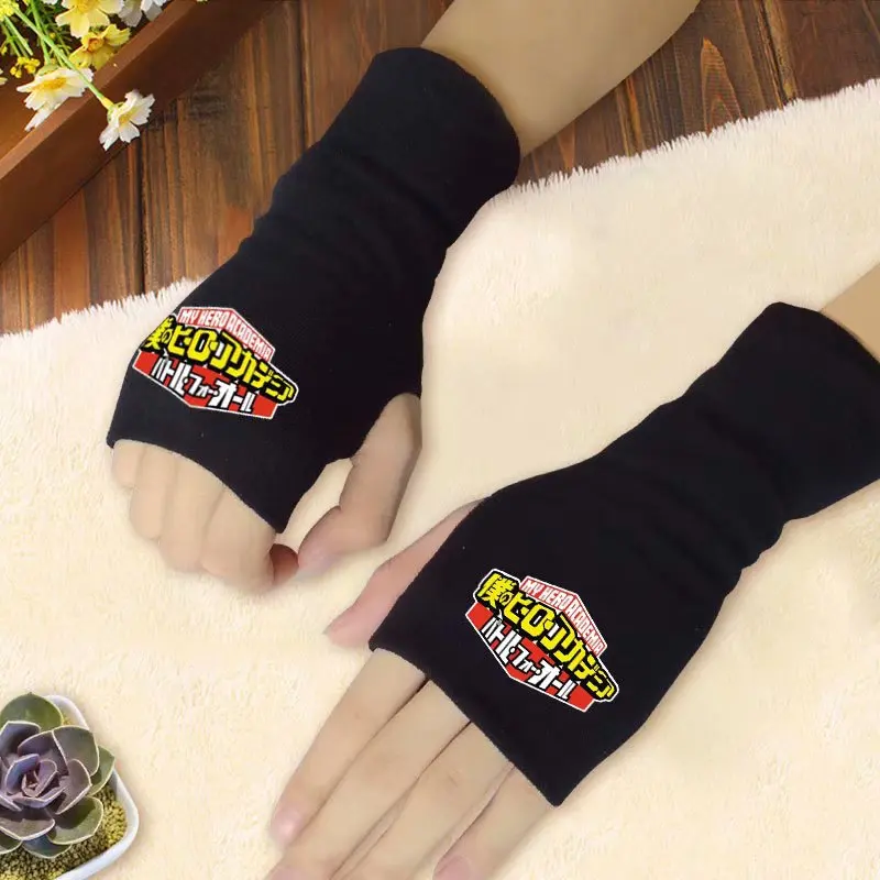 Anime Cartoon Knitted Half Finger Gloves One Piece Naruto Totoro My Hero Academia Boys Girls Winter Warm Cosplay Mittens Gifts