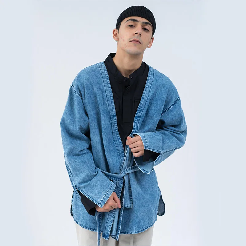 

Men Hip Hop Denim Jacket Robe Cardigan Male Japan Style Kimono Jean Coat Vintage Streetwear Outerwear