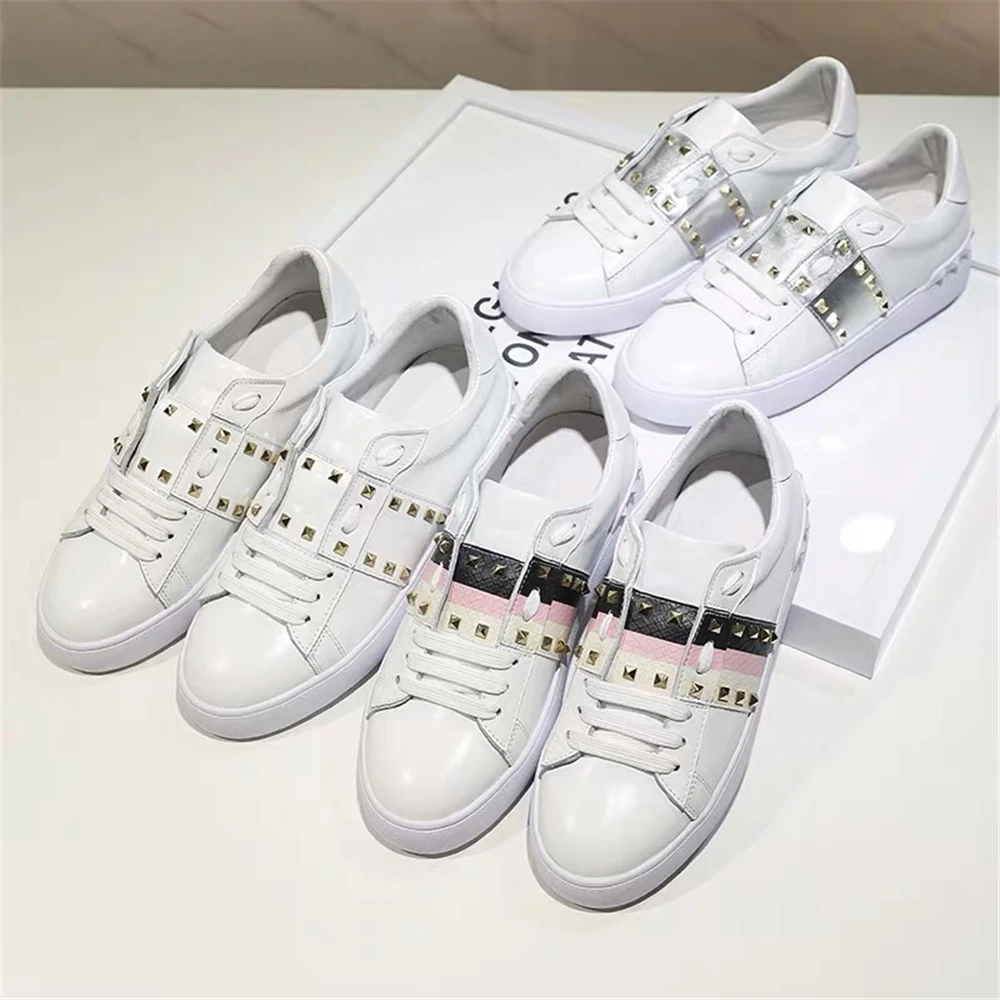 

Junetxin Hot Sale White Women Casual Shoes Gold Rivets Shoes Real Leather Tennis Feminine Shoes Classic Woman Lace-up Sneakers