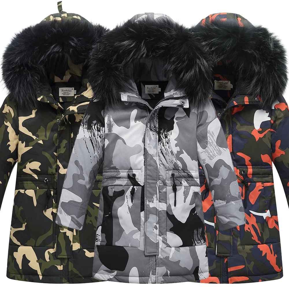 

Winter Children's Down Jackets Camouflage style Boy Down Coats Fur Teenager Kids parka Down Outerwear -30degree 9958 130CM-160CM