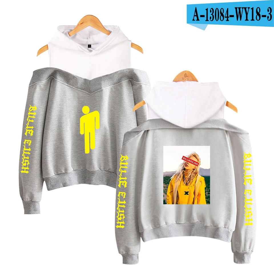 grey Kpop Billie Eilish толстовки женские весенние осенние модные дизайнерские худи с открытыми плечами толстовки Женская одежда - Цвет: grey